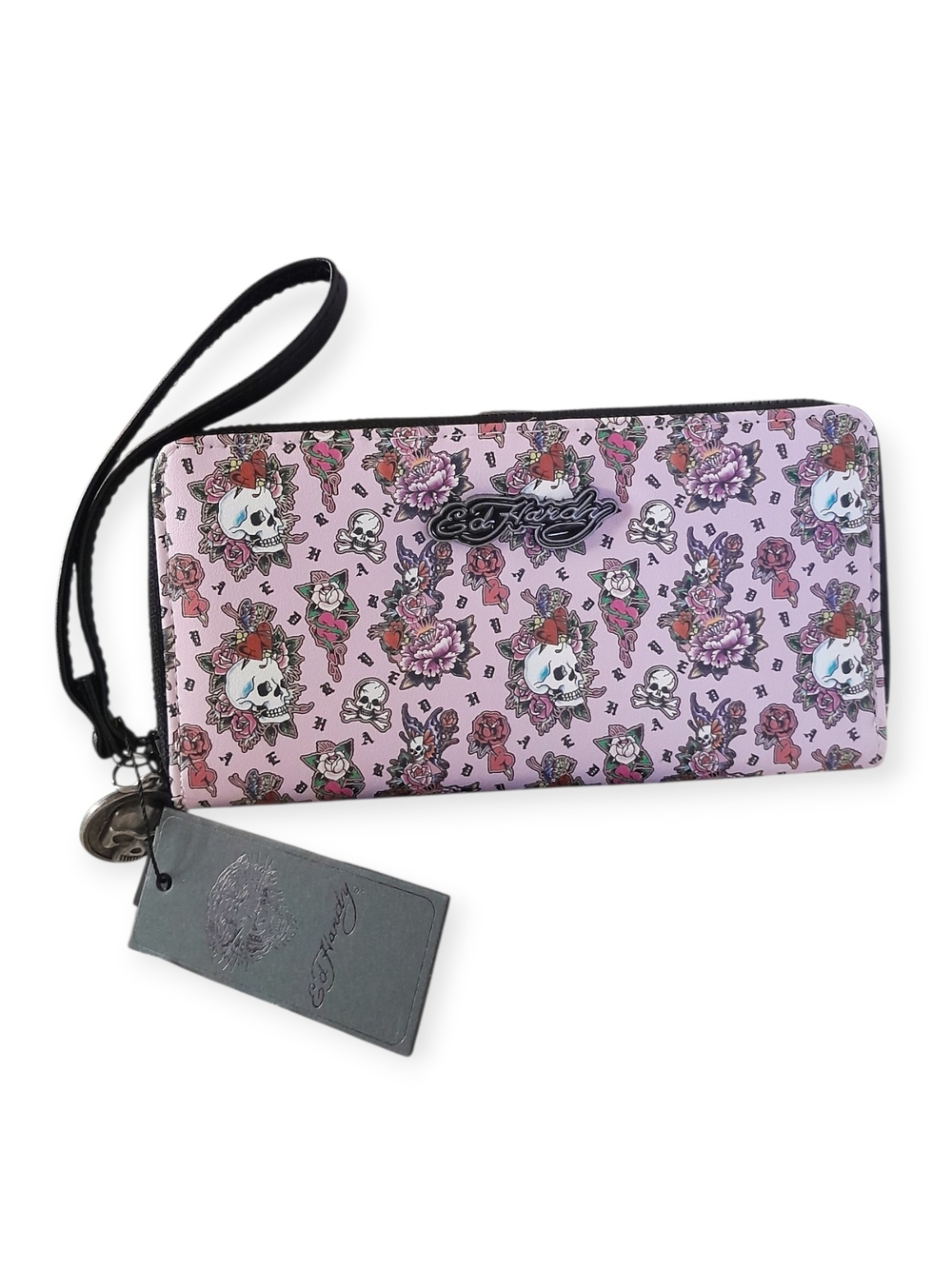 Ed Hardy NWT Pink Skull Rose Tattoo Print Zip Around Wallet Wristlet Clutch - Picture 7 of 7